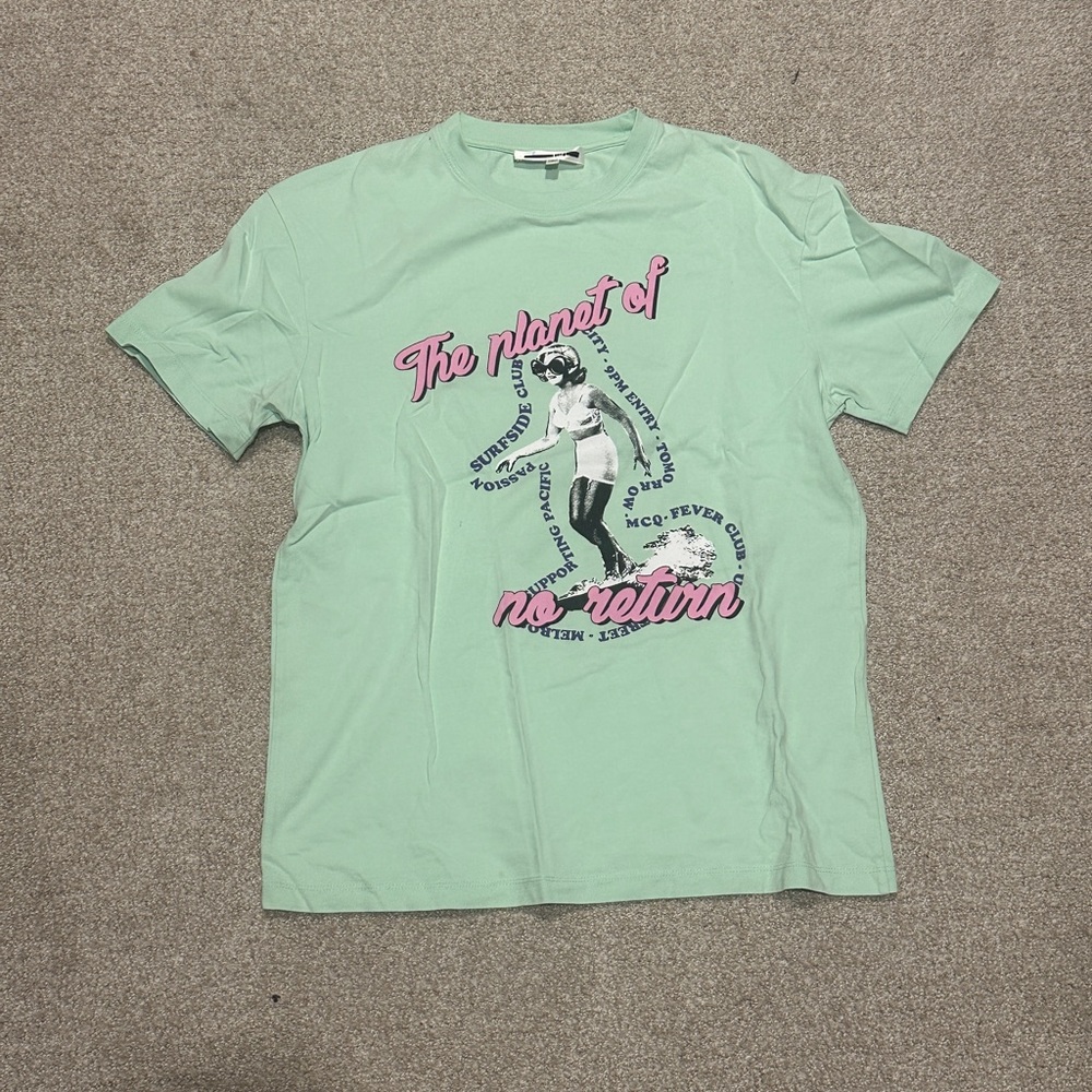 McQ by Alexander McQueen Mint Green Graphic Short Sleeve Tee with Pink Script
